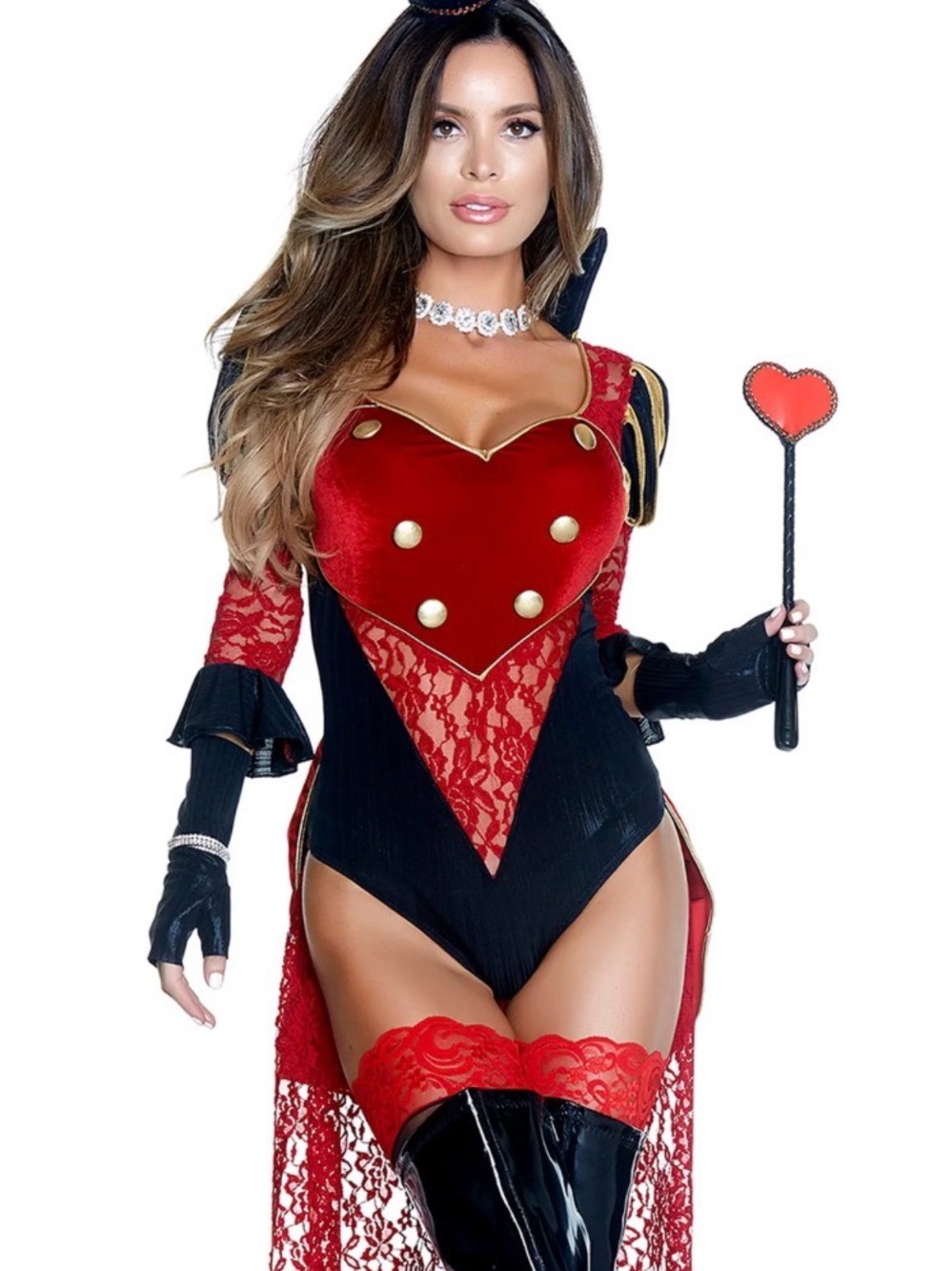 Forplay Red & Black Lace Heart Bodysuit with Gold Buttons